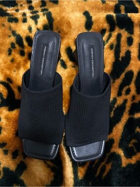 French Connection Black Knit Mule Slides with Square Toe